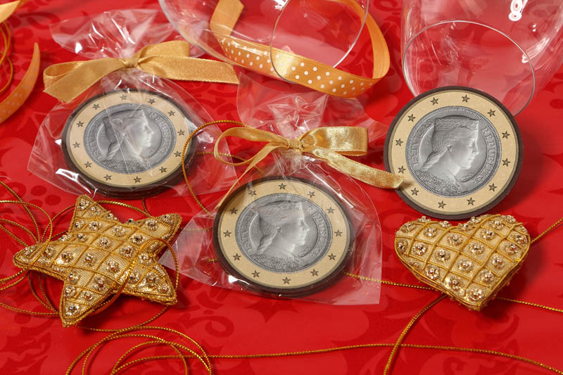 Chocolate Coins - 50g Chocolate Medal With Printing on Both sides in a bag with Ribbon